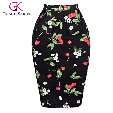 Grace Karin Occident Sexy Women Hips Wrapped Short Vintage Vestido retro Cotton Cherry Printed Skirt CL008928-4